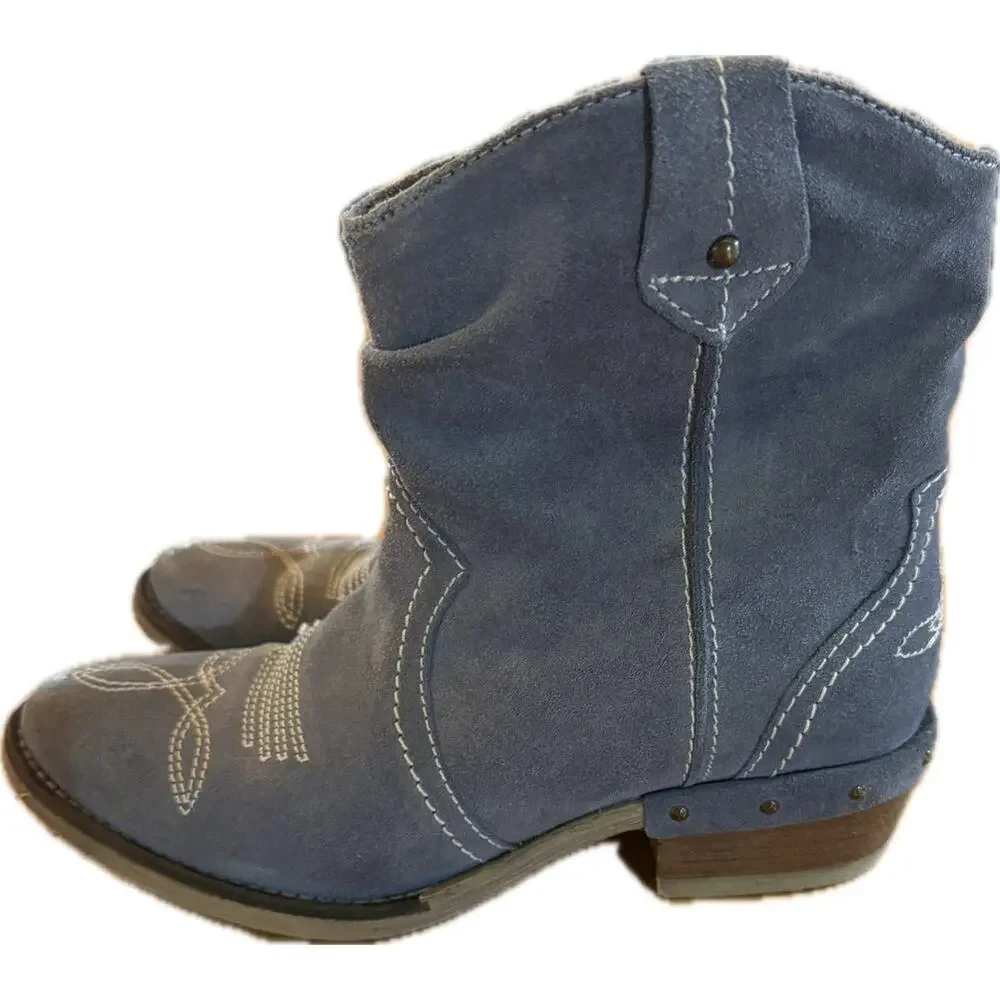 Sundance Womens Western Ankle‎ Boots Blue Suede Embroidered Side Zip 7.5